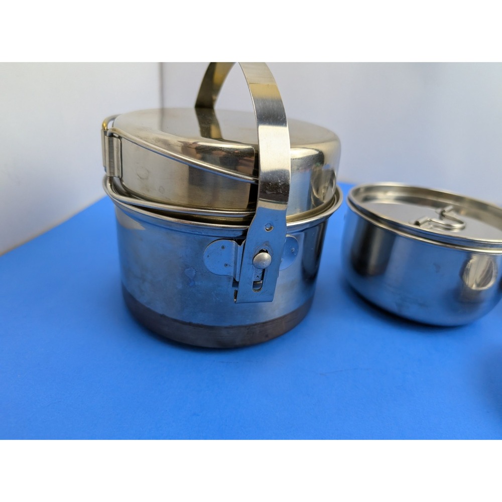 Vtg 3 Piece Camping Cook Set Coleman Peak 1 Stainless Steel Nesting Pots Pans - Picture 5 of 12